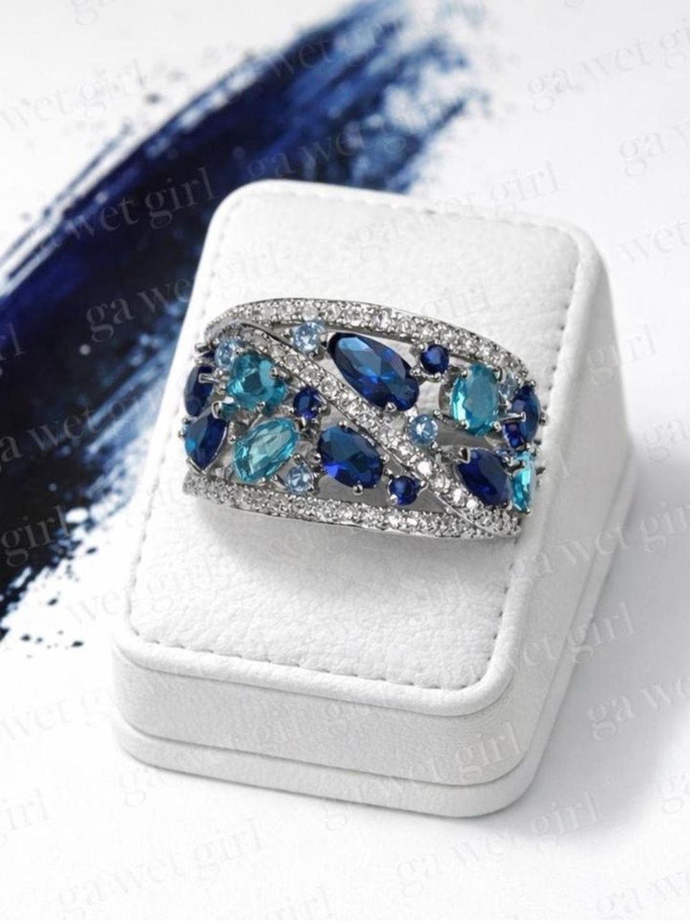 Sterling Silver Blue Multi-Gemstone Statement Ring size 10